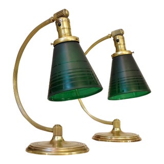 Pair of Art Deco Streamline Chase Brass Vianne Green Glass Table Lamps 1930's For Sale