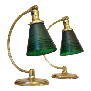 Pair of Art Deco Streamline Chase Brass Vianne Green Glass Table Lamps 1930's