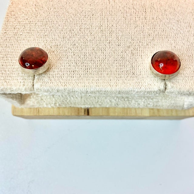 Amber 1970s Vintage Boho Chic Italian Amber & Sterling Pierced Button Stud Earrings - A Pair. For Sale - Image 8 of 9