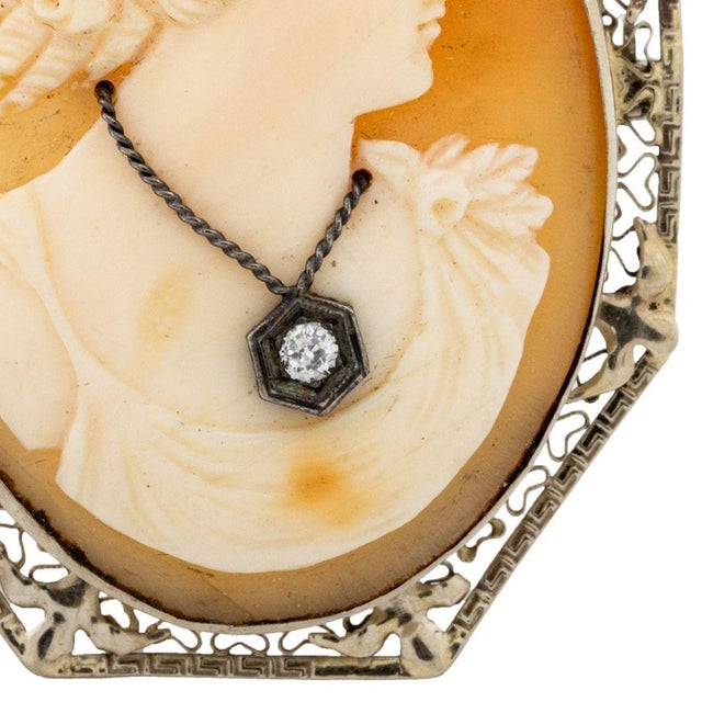 Victorian Vintage Carved Shell Cameo Gold and Diamond Pin For Sale - Image 3 of 6