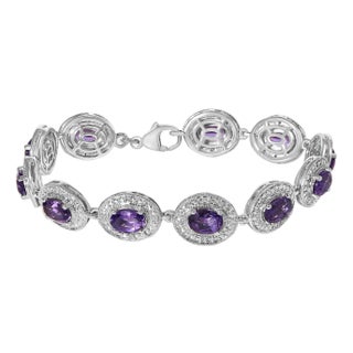 Sterling Silver 5x7 MM Oval Purple Amethyst & Diamond Halo Link Bracelet For Sale