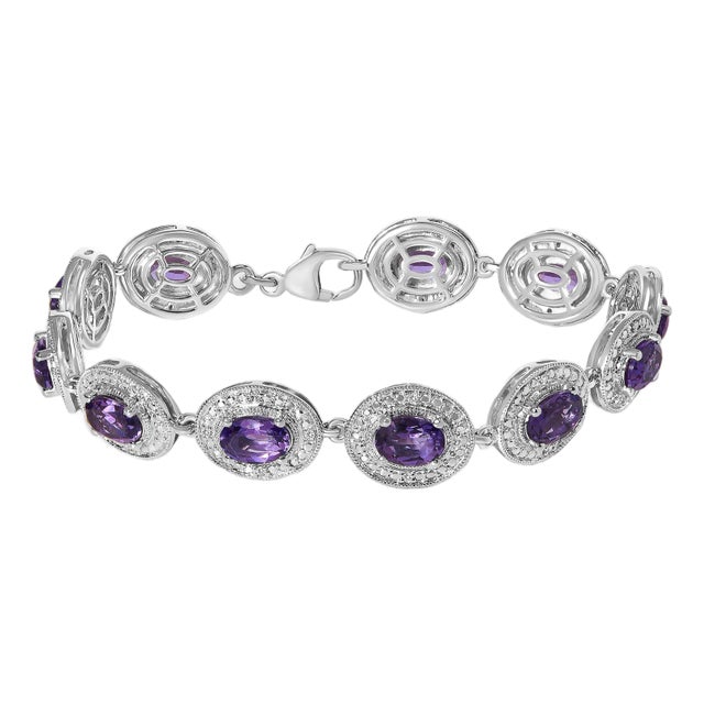 Sterling Silver 5x7 MM Oval Purple Amethyst & Diamond Halo Link Bracelet For Sale