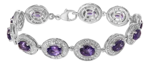 Sterling Silver 5x7 MM Oval Purple Amethyst & Diamond Halo Link Bracelet