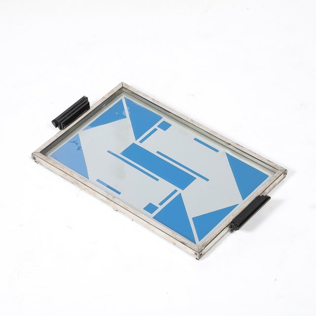 Art Deco Reverse Eglomise Blue & White Geometric Motif in Nickel & Bakelite Tray For Sale - Image 10 of 12