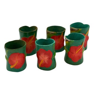 Mid 20th Century Hawaiian Hand Carved Napkins Rings W/ Hand Painted Floral, Set of 6 For Sale