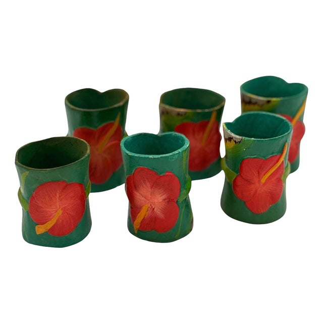Mid 20th Century Hawaiian Hand Carved Napkins Rings W/ Hand Painted Floral, Set of 6 For Sale