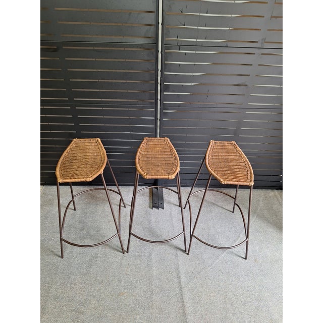 1950s Set of 3 Arthur Umanoff Style MCM Iron and Wicker Counter Barstools For Sale - Image 4 of 6