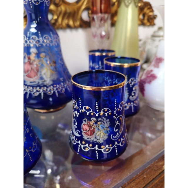 Cobalt blue glass pitcher 6 glasses Blue table decor Blue glassware Lemonade glass Baroque decor Shabby chic Summer table...