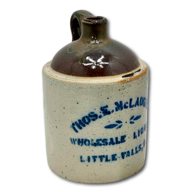 Nice Small Antique 1/2 Gallon Size Stoneware Wholesale Liquor Merchants Jug From Little Falls New York For Sale - Image 4 of 18