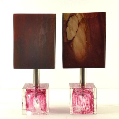Pink square glass Poliarte 1960's table lamps consist a solid cast glass cubic base of clear glass with swirls of pink and...