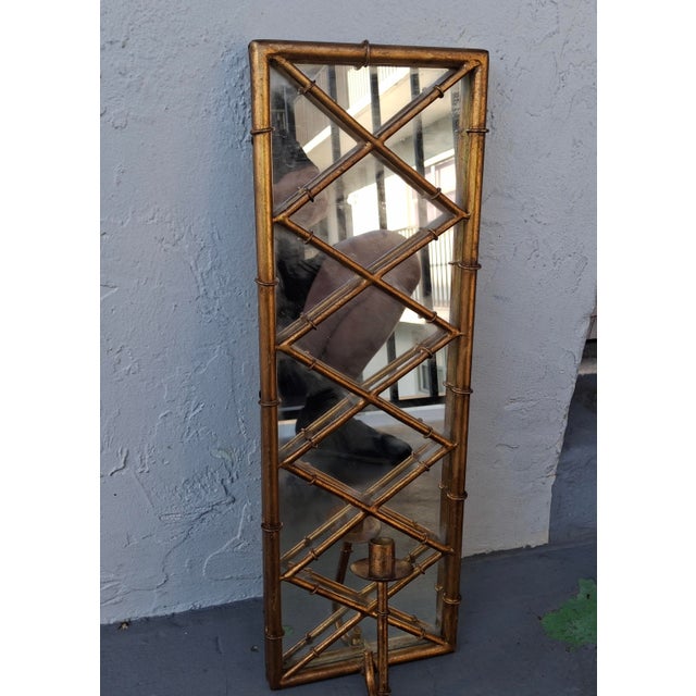 1940's Hollywood Regency Heavy Gilt Iron Faux Bamboo Wall Mirror Candle Accent For Sale In Miami - Image 6 of 12