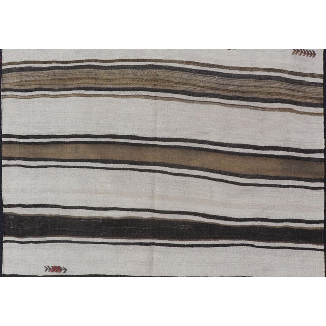 Vintage Turkish Kilim Rug With Ivory, Brown and Dark Stripe Bands For Sale - Image 4 of 11