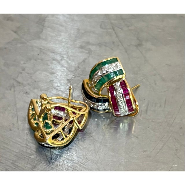 Sapphire, Emerald, Ruby and Diamond 14k Gold Earrings For Sale - Image 4 of 5