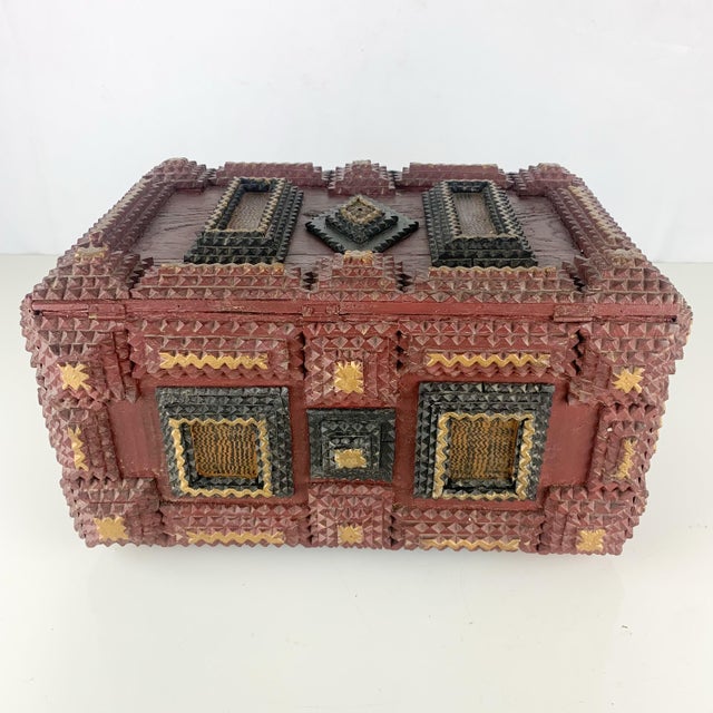 Antique Tramp Art Box Chip Carved Original Paint Folk Art Jewelry Box C1919 For Sale - Image 9 of 11