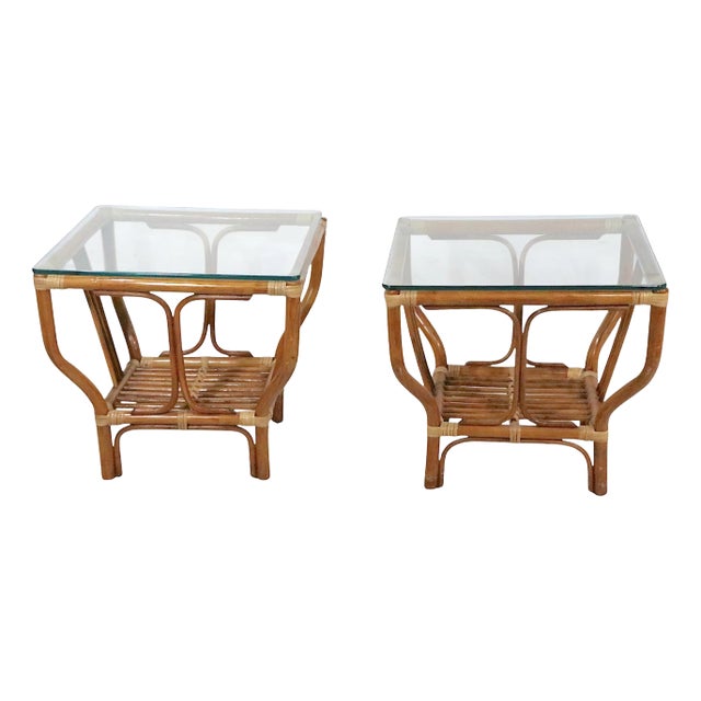Pr. Mid Century Bamboo and Glass End Side Tables After Frankl For Sale