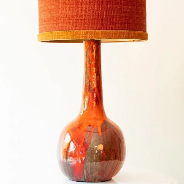 Red Brown Ceramic Floor Table Lamp with Lampshade attributed to R. Houben, 1970s For Sale - Image 6 of 12