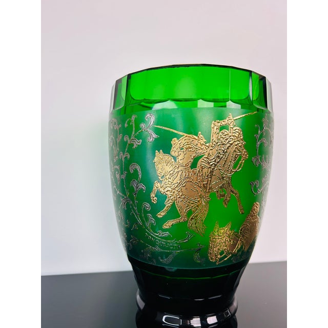 Large Green Art Glass Don Quijote Vase with Gold Painted Decor, Former Czechoslovakia, 1930 For Sale - Image 4 of 7