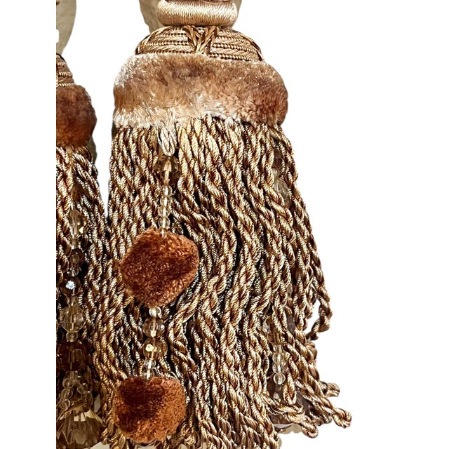 Pair French Passementerie Key Tassels Light Bronze Beaded For Sale - Image 4 of 4