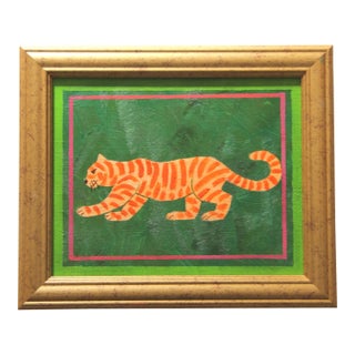 Tiger Minmalism Folk Art Pop Expressionism Green Orange Original Oil Painting Cleo Plowden For Sale