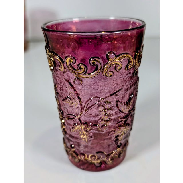 Glass Rare Antique Harrach Jewel Cameo Glass Pitcher and Glasses, Cranberry Stain, Gold Gilt, 1900 For Sale - Image 7 of 12