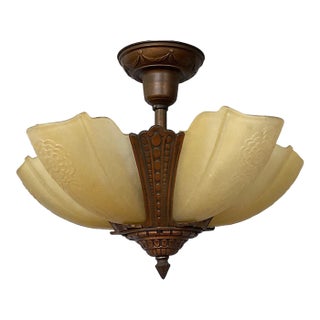 1930s Puritan 5-Light Flush Mount Copper-Plate Art Deco Chandelier, Slip Shades For Sale
