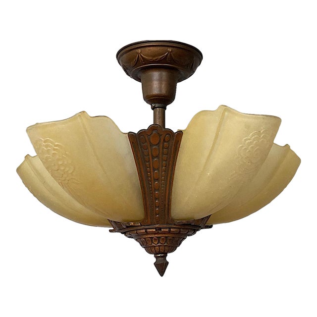 1930s Puritan 5-Light Flush Mount Copper-Plate Art Deco Chandelier, Slip Shades For Sale