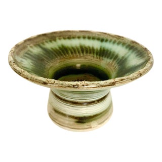 1960s Pottery Ikebana Vase Green Glazed Signed Japandi Minimalist Chinoiserie For Sale