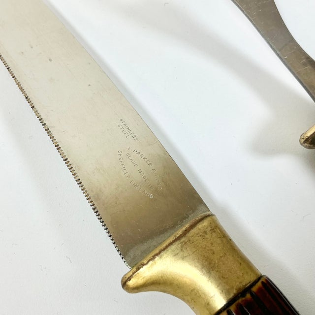 Chestnut 1950s Vintage Sheffield English Rustic European Faux Stag Horn Cutlery - Set of 3. For Sale - Image 8 of 9