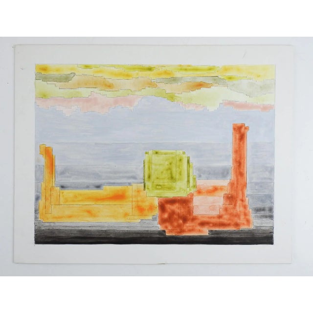 Watercolor on artist board abstract geometric color block in gray, pink and green by Betty Lieberman Gerald (20th Century)...