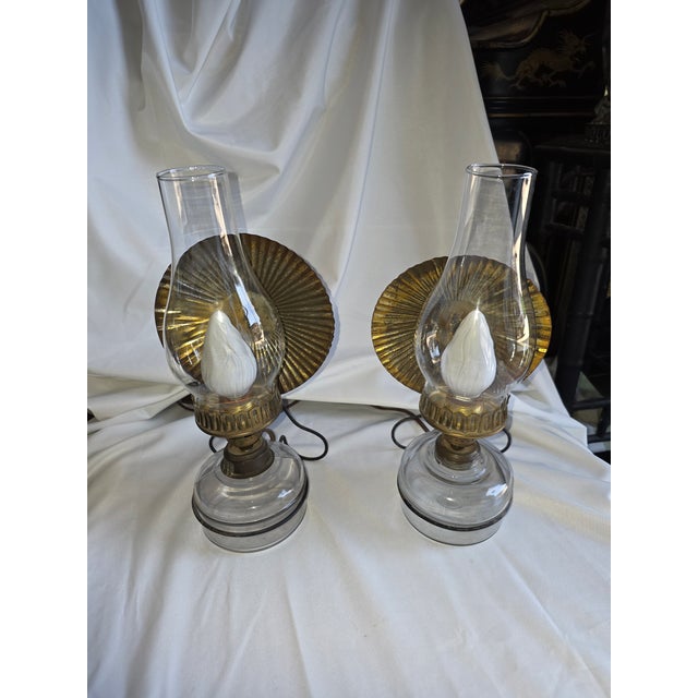 Metal 1900s Primitive Pair of Converted Kerosene Lamps With Tin Reflectors Now Electrofied For Sale - Image 7 of 8