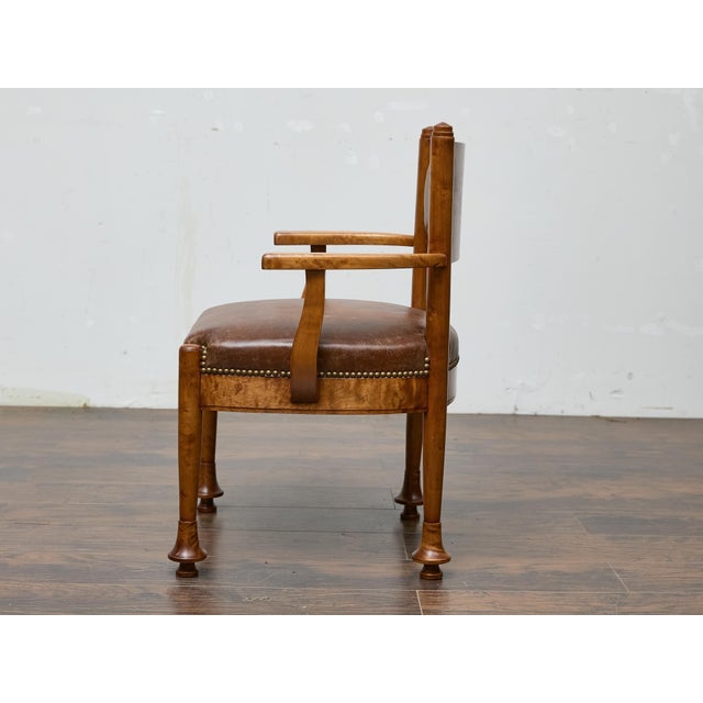 Brown Early 20th Century English Burl Wood Armchair with Leather Upholstery and Turned Disc Feet For Sale - Image 8 of 12