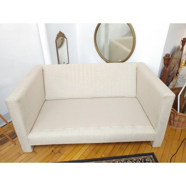 Textile Vintage Herringbone Upholstery Parsons Style Loveseat Sofa For Sale - Image 7 of 9