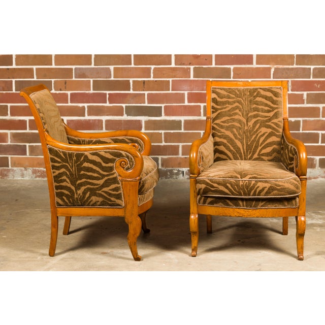 French Walnut 19th Century Bergère Chairs with Carved Arms and Zebra Upholstery For Sale In Atlanta - Image 6 of 12