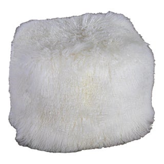 Late 20th to Early 21st Century Modern Square Ottoman or Pouf With White Mongolian Sheepskin For Sale