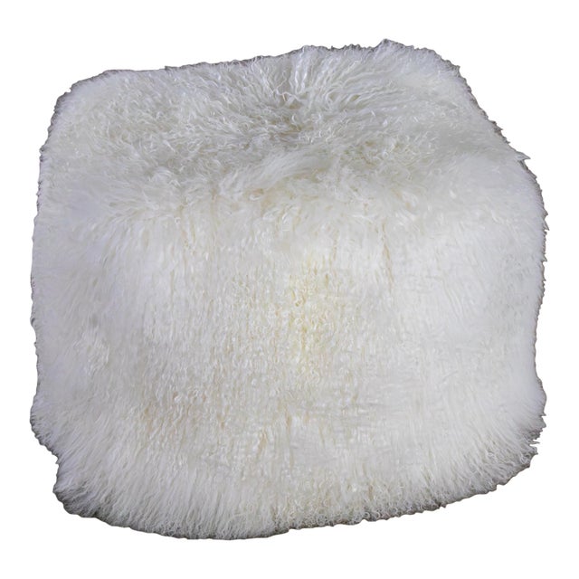 Late 20th to Early 21st Century Modern Square Ottoman or Pouf With White Mongolian Sheepskin For Sale