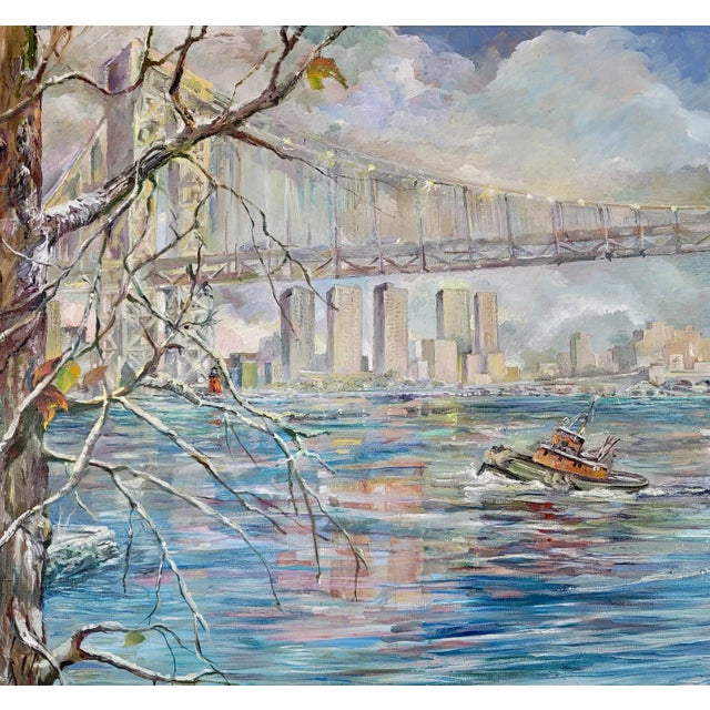 Textile E. Case -Children at Play at Park Over the Brooklyn Bridge-Monumental Oil Painting For Sale - Image 7 of 13