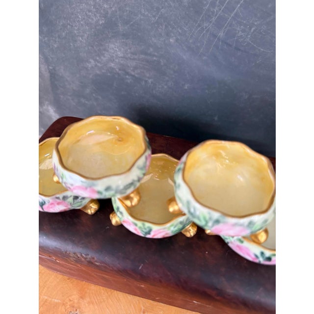 Ceramic Set of Five (5) Antique Hand Painted Porcelain Footed Salt Cellars C1890 to 1910 Austrian Bavarian With Pink Roses and Gold Feet For Sale - Image 7 of 9