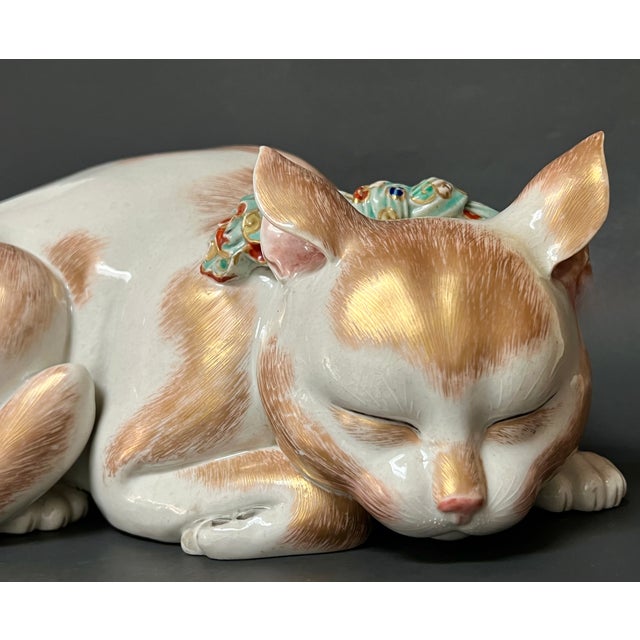 Ceramic An Antique Large Kutani Gilded Sleeping Cat For Sale - Image 7 of 11