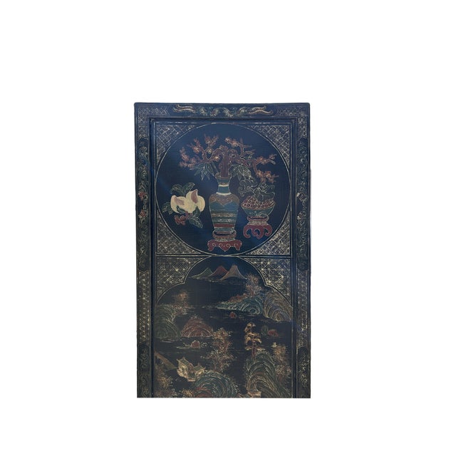 Black Vintage Oriental Black Lacquer Color Flower Vases Graphic Storage Cabinet For Sale - Image 8 of 11