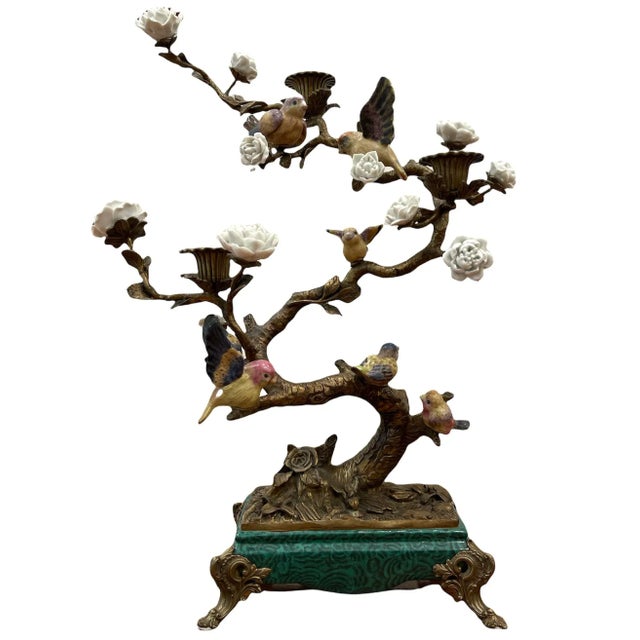 English Faux Malachite Bronze Ormolu Birds Candleholder-2 Available For Sale - Image 3 of 12