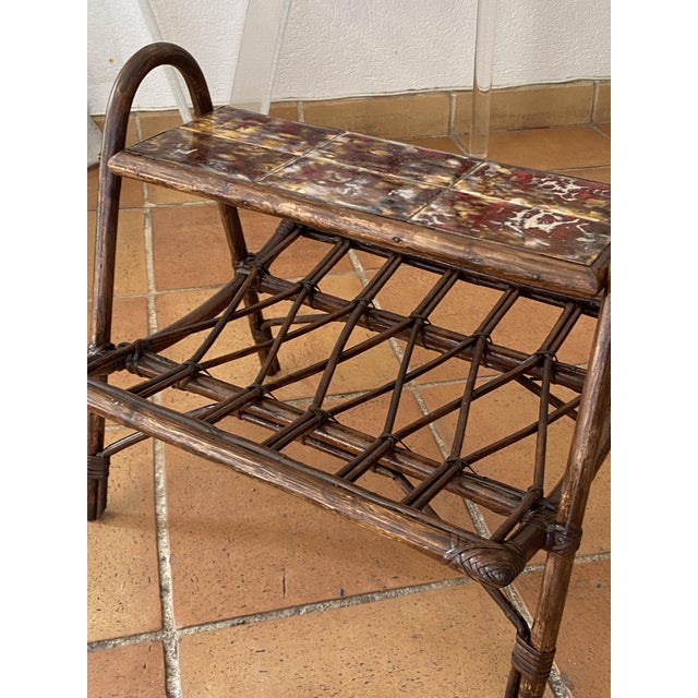 1970s Rattan Magazine Rack with Ceramic Tile Shelf, 1970s For Sale - Image 5 of 18