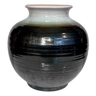 Sculptural Celadon and Iron Oxide Glazed Ceramic Art Vase by Martha Katzer for Karlsruher Majolika, Germany, 1940s For Sale