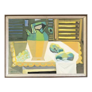 Mid-Century Modern 'Pitcher and Grapes' Vintage Swedish Original Still Life Gouache Painting, Framed