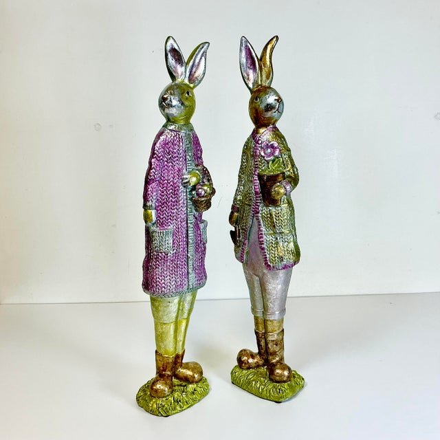 Vintage Boho Chic Shabby Chic Foil Wrapped Plaster Tall Rabbits - A Pair - Easter For Sale - Image 9 of 14