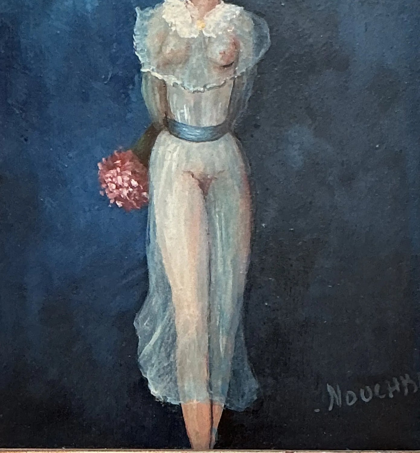 Vintage Boho Original Figurative Oil on Canvas - Top view