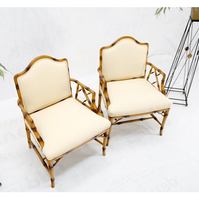 Cream Pair Faux Bamboo New Virgin Wool Upholstery Lounge Arm Fire Side Chairs MINT! For Sale - Image 8 of 16
