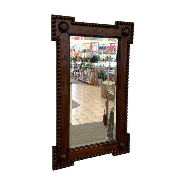 Antique Bobbin Turned Oak Wall Mirror – Arts and Crafts Style Spool Beaded Wood Frame With Beveled Glass For Sale - Image 4 of 10