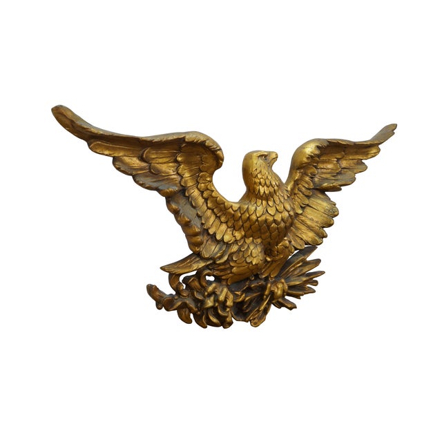 American Syroco Mid Century Gold Gilt Resin Federal American Bald Eagle Wall Plaque 37" For Sale - Image 3 of 12