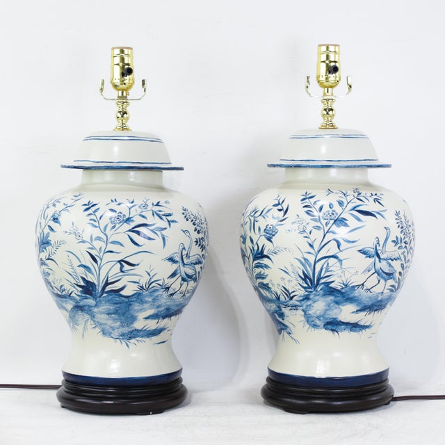 Pair of Vintage Blue and White Ceramic Ginger Jar Table Lamps For Sale - Image 13 of 13