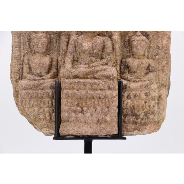 19th Century 19th Century Large Buddha Votive Plaque, Sandstone on Metal Stand, India For Sale - Image 5 of 17
